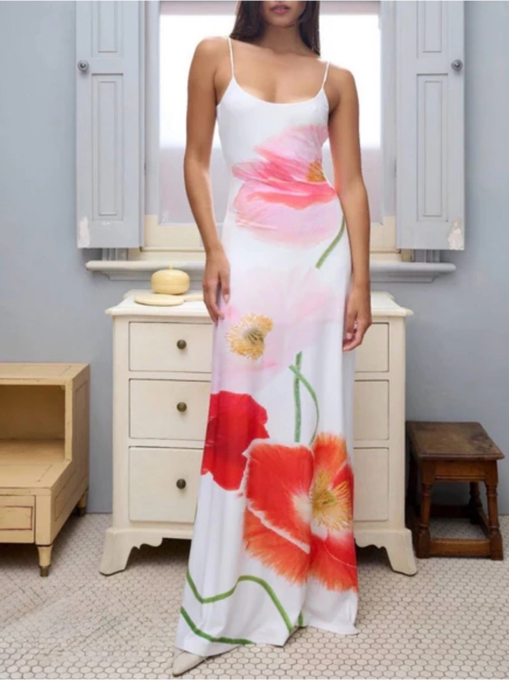 White Floral Slip Maxi Dress with Red & Pink Blooms